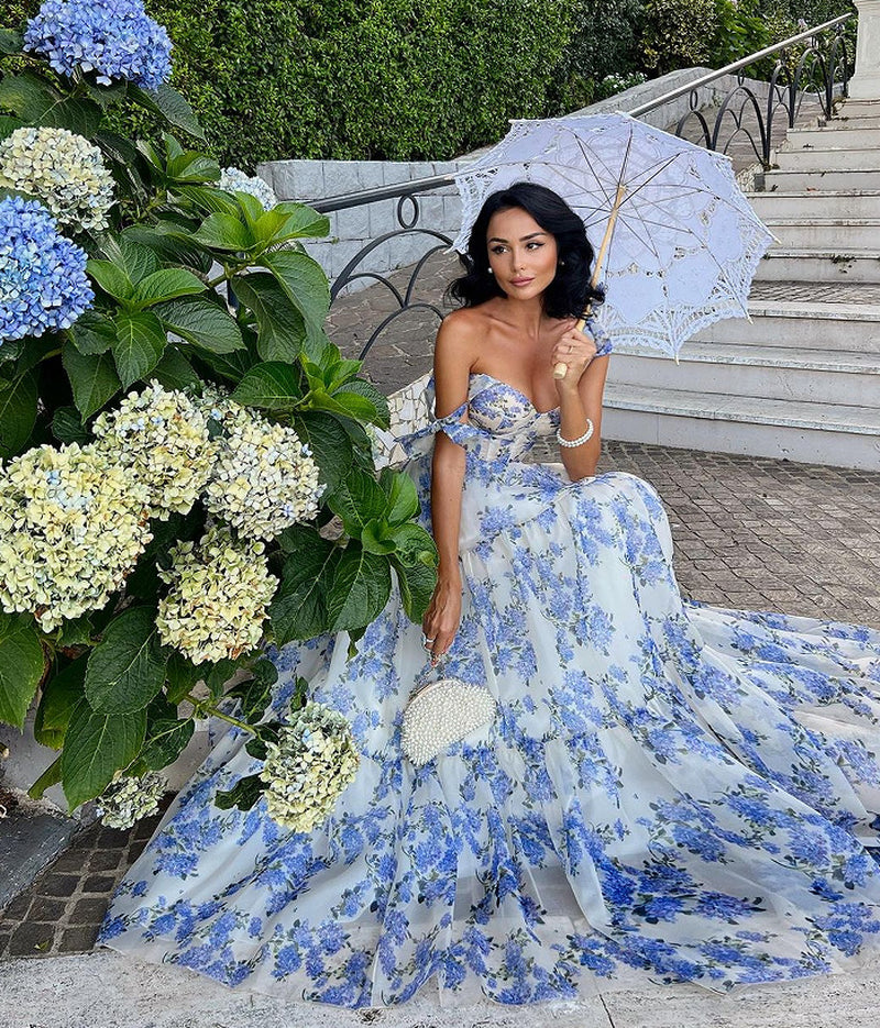 Floral Off-The-Shoulder Strap Lace-Up Large Swing Skirt Organza Dress