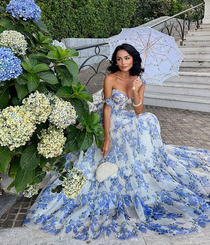 Floral Off-The-Shoulder Strap Lace-Up Large Swing Skirt Organza Dress