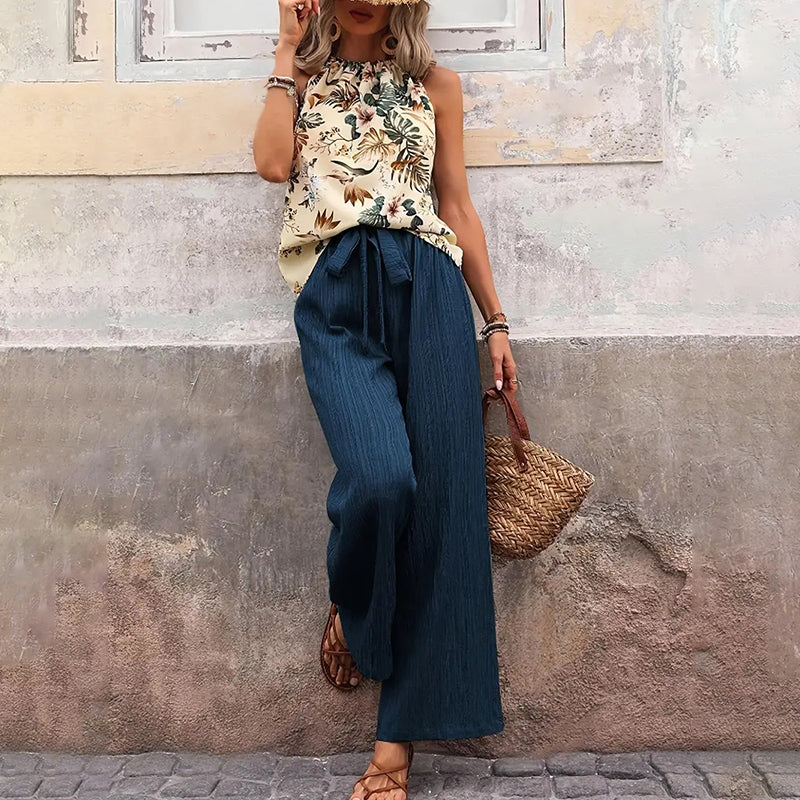Women'S 2 Piece Outfits Summer Casual Sleeveless Halter Neck Crop Tops Wide Leg Pants Set