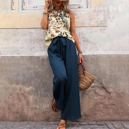 Women'S 2 Piece Outfits Summer Casual Sleeveless Halter Neck Crop Tops Wide Leg Pants Set