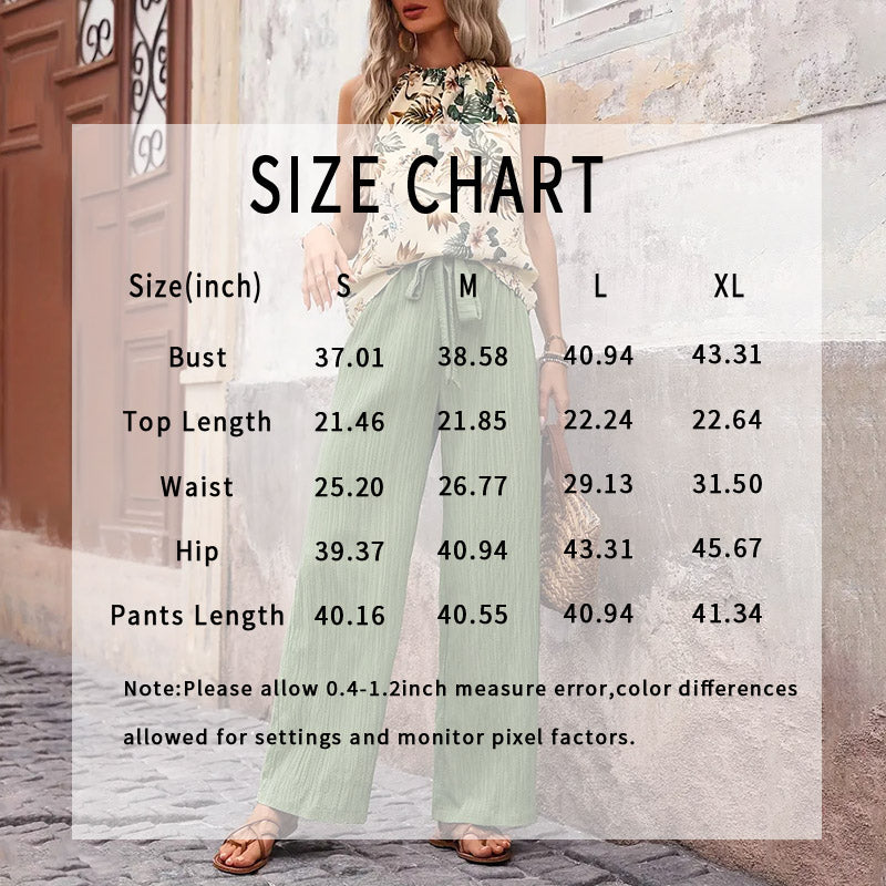 Women'S 2 Piece Outfits Summer Casual Sleeveless Halter Neck Crop Tops Wide Leg Pants Set