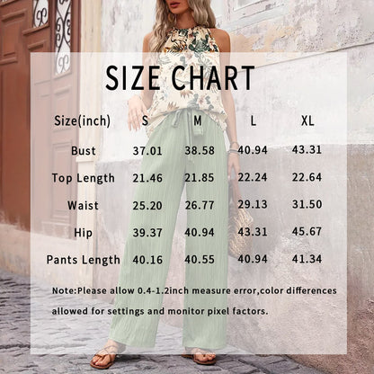 Women'S 2 Piece Outfits Summer Casual Sleeveless Halter Neck Crop Tops Wide Leg Pants Set