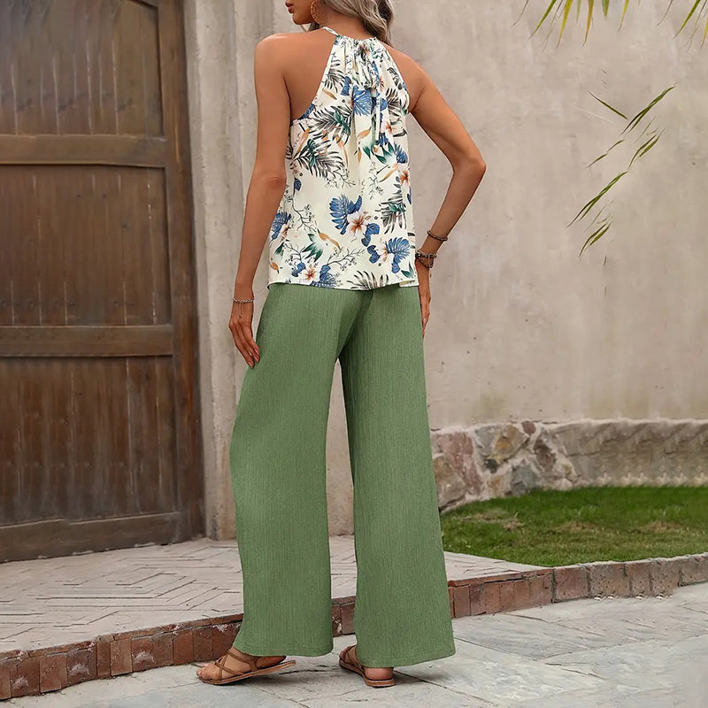 Women'S 2 Piece Outfits Summer Casual Sleeveless Halter Neck Crop Tops Wide Leg Pants Set