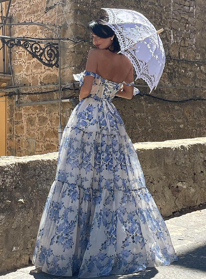 Floral Off-The-Shoulder Strap Lace-Up Large Swing Skirt Organza Dress