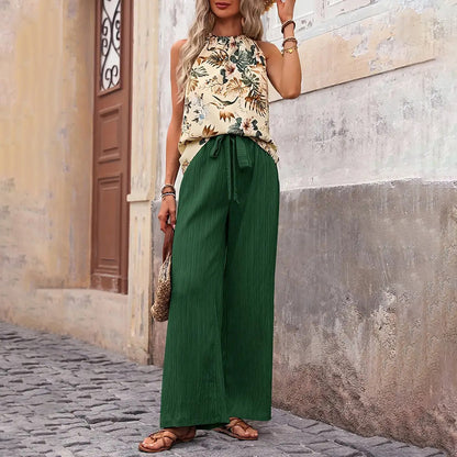 Women'S 2 Piece Outfits Summer Casual Sleeveless Halter Neck Crop Tops Wide Leg Pants Set
