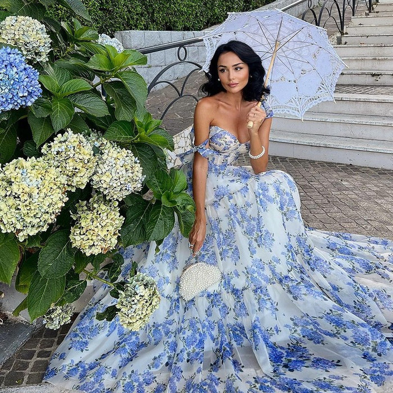 Floral Off-The-Shoulder Strap Lace-Up Large Swing Skirt Organza Dress
