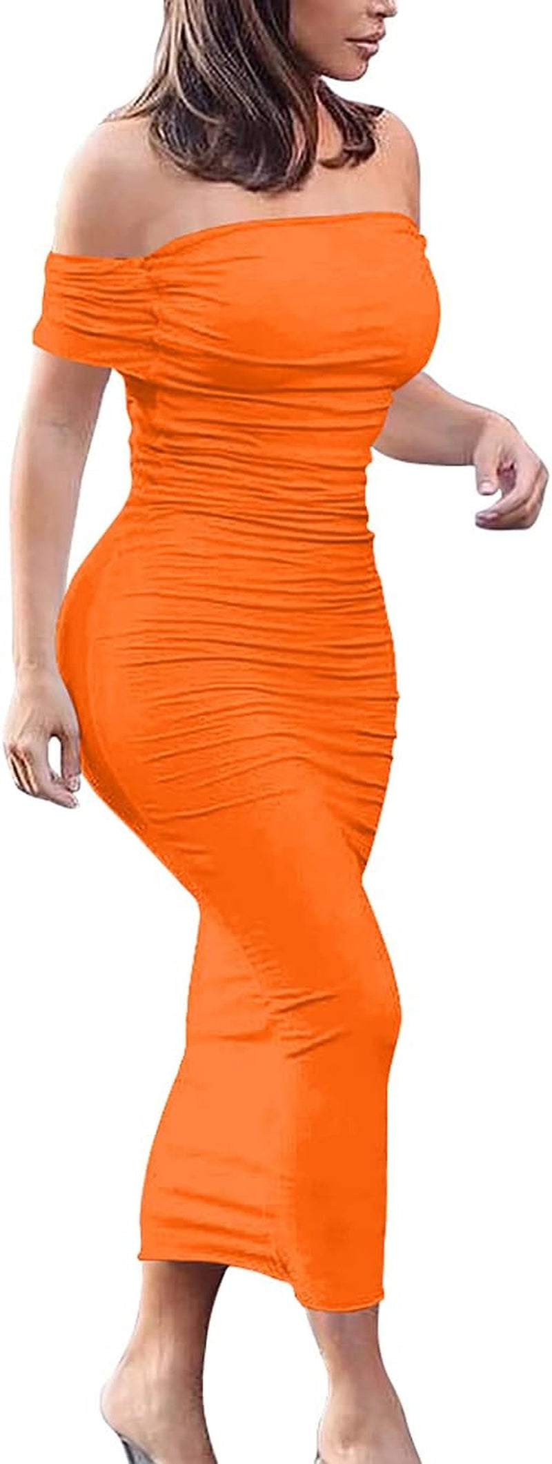 Women'S Ruched off Shoulder Short Sleeve Bodycon Midi Elegant Cocktail Party Dress Fluo Orange