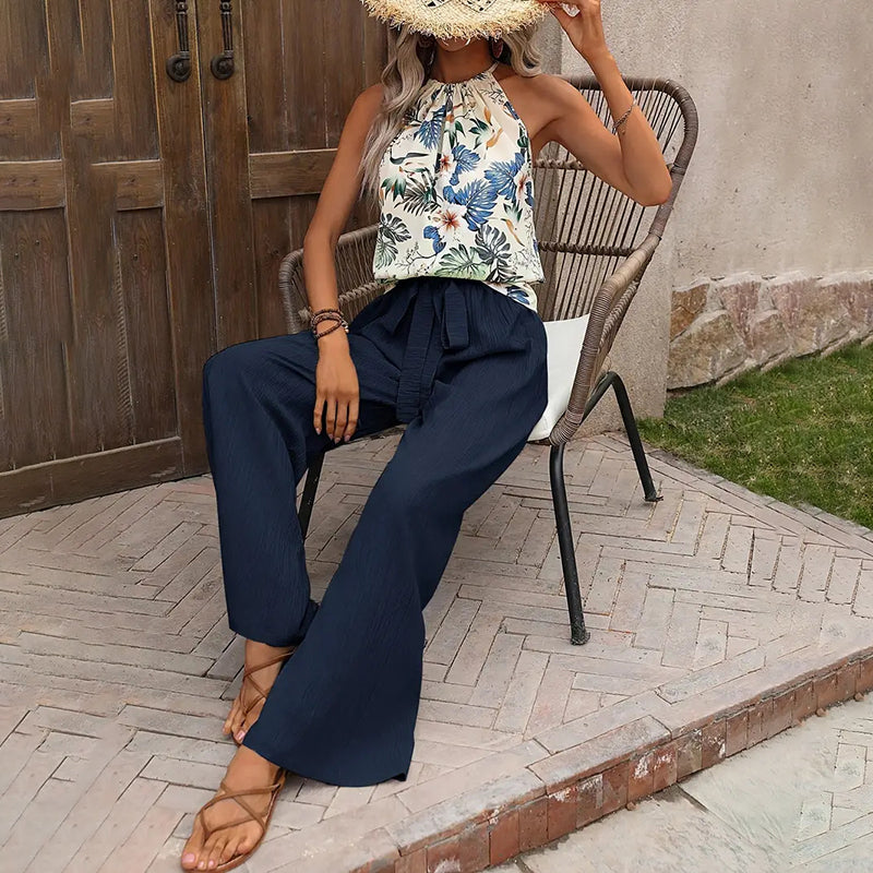 Women'S 2 Piece Outfits Summer Casual Sleeveless Halter Neck Crop Tops Wide Leg Pants Set