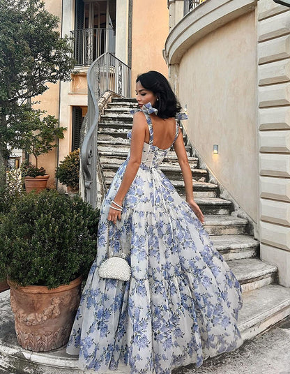 Floral Off-The-Shoulder Strap Lace-Up Large Swing Skirt Organza Dress
