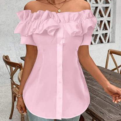 Women'S Solid Color Off-Shoulder Ruffled Blouse - Waist Button-Down Shirt for Vacation & Daily Wear