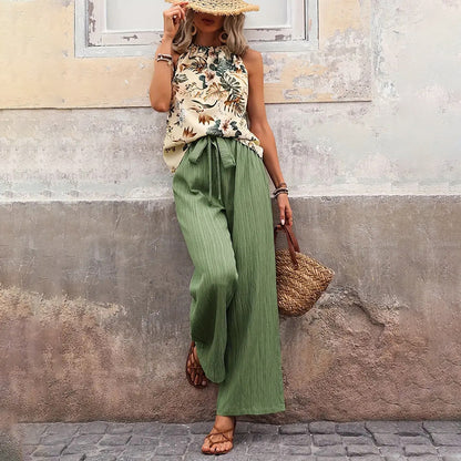 Women'S 2 Piece Outfits Summer Casual Sleeveless Halter Neck Crop Tops Wide Leg Pants Set