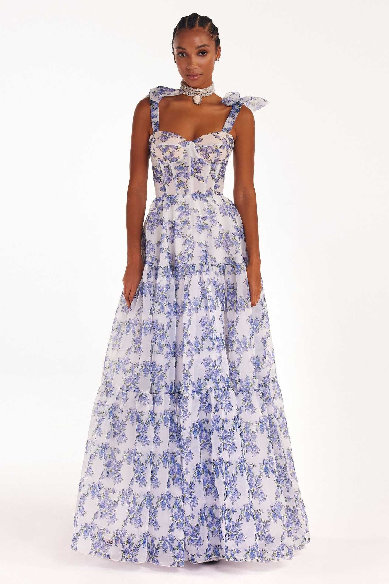 Floral Off-The-Shoulder Strap Lace-Up Large Swing Skirt Organza Dress