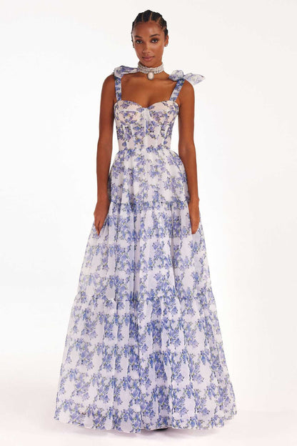 Floral Off-The-Shoulder Strap Lace-Up Large Swing Skirt Organza Dress