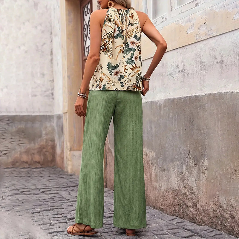 Women'S 2 Piece Outfits Summer Casual Sleeveless Halter Neck Crop Tops Wide Leg Pants Set