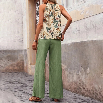 Women'S 2 Piece Outfits Summer Casual Sleeveless Halter Neck Crop Tops Wide Leg Pants Set
