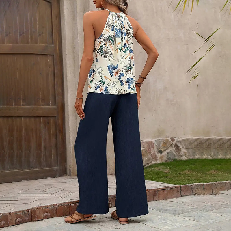 Women'S 2 Piece Outfits Summer Casual Sleeveless Halter Neck Crop Tops Wide Leg Pants Set