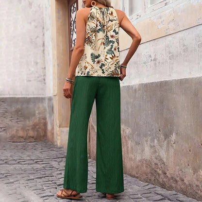 Women'S 2 Piece Outfits Summer Casual Sleeveless Halter Neck Crop Tops Wide Leg Pants Set