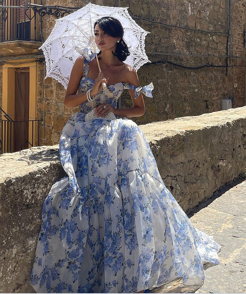 Floral Off-The-Shoulder Strap Lace-Up Large Swing Skirt Organza Dress