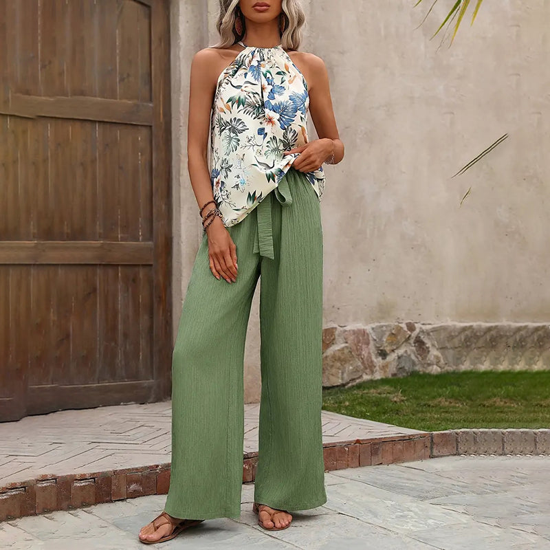 Women'S 2 Piece Outfits Summer Casual Sleeveless Halter Neck Crop Tops Wide Leg Pants Set