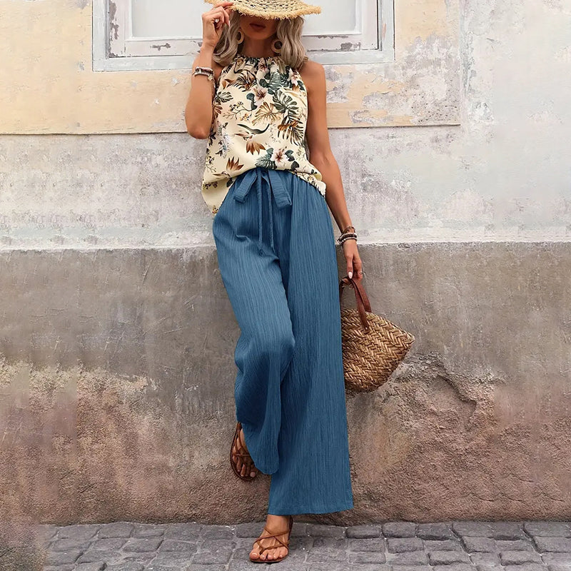 Women'S 2 Piece Outfits Summer Casual Sleeveless Halter Neck Crop Tops Wide Leg Pants Set