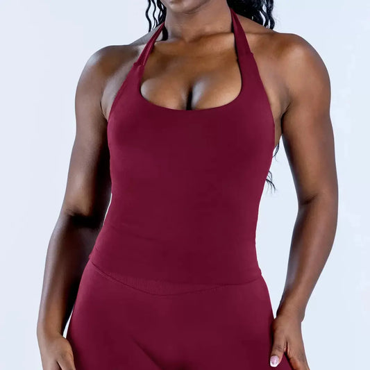 （With Logo）Longline Strappy Top Women Sports Tank Halter Seamless Ruched Backless Gym Activewear Workout Yoga Fitness Two-Piece Set Women'S Solid Color Halter Top & High Waist Shorts Sports Set, Sporty Breathable Outfits for Yoga Activewear Tops