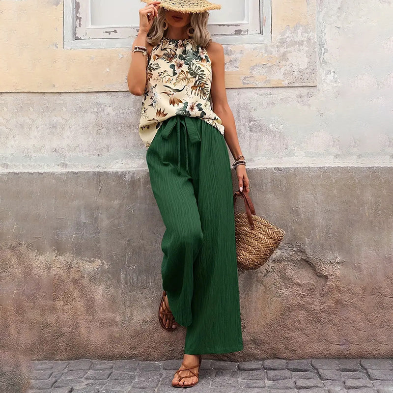 Women'S 2 Piece Outfits Summer Casual Sleeveless Halter Neck Crop Tops Wide Leg Pants Set