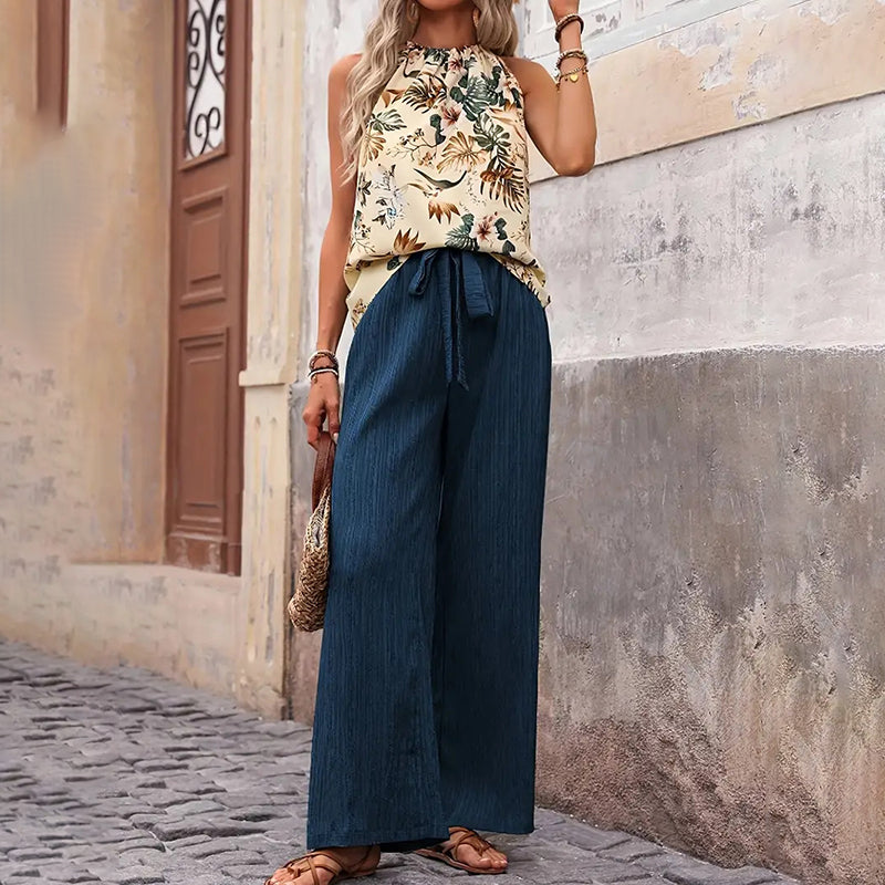 Women'S 2 Piece Outfits Summer Casual Sleeveless Halter Neck Crop Tops Wide Leg Pants Set