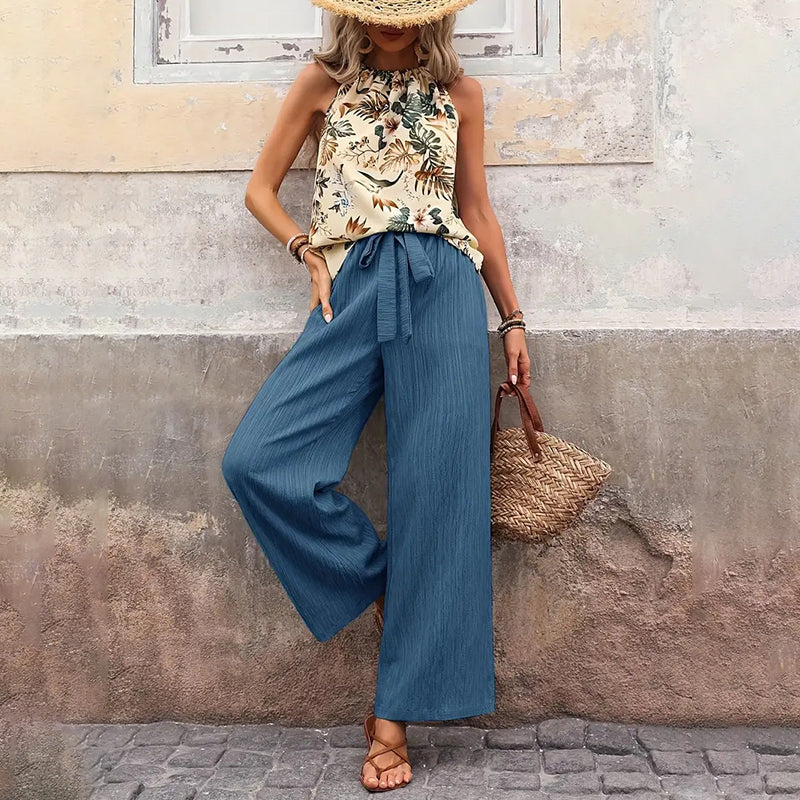 Women'S 2 Piece Outfits Summer Casual Sleeveless Halter Neck Crop Tops Wide Leg Pants Set