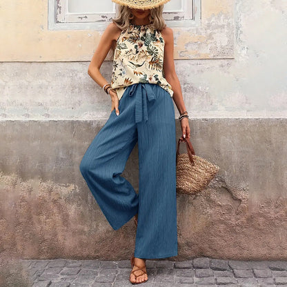 Women'S 2 Piece Outfits Summer Casual Sleeveless Halter Neck Crop Tops Wide Leg Pants Set