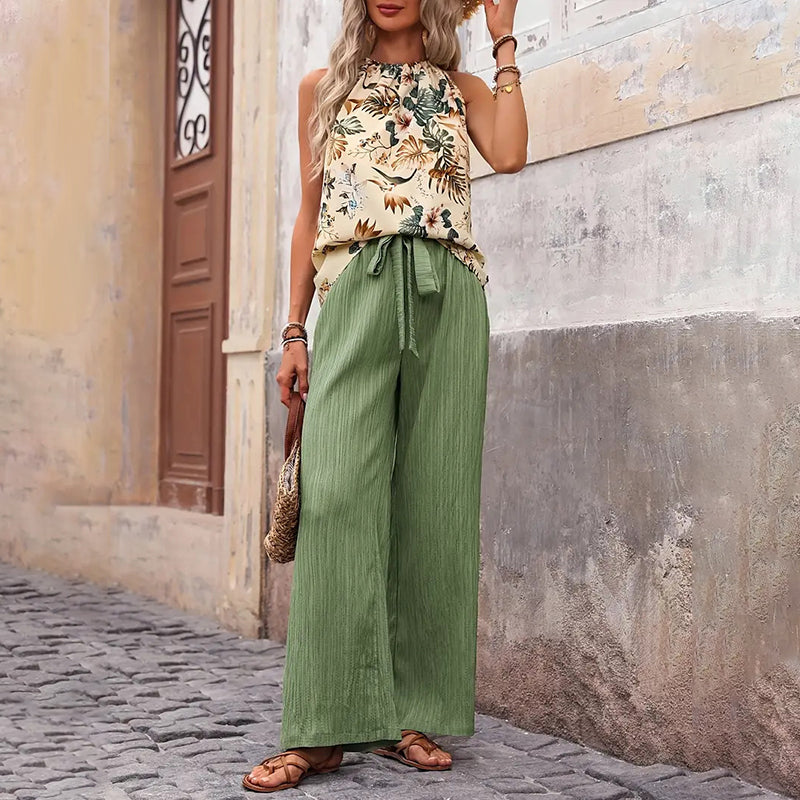Women'S 2 Piece Outfits Summer Casual Sleeveless Halter Neck Crop Tops Wide Leg Pants Set