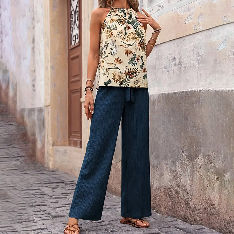 Women'S 2 Piece Outfits Summer Casual Sleeveless Halter Neck Crop Tops Wide Leg Pants Set