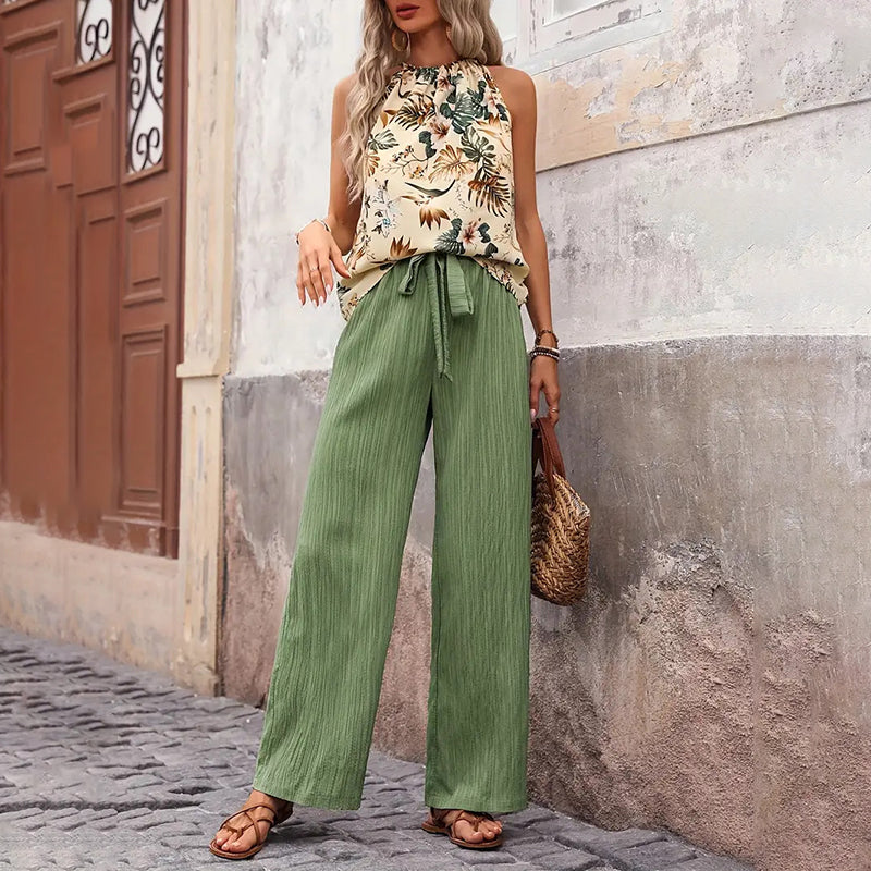 Women'S 2 Piece Outfits Summer Casual Sleeveless Halter Neck Crop Tops Wide Leg Pants Set