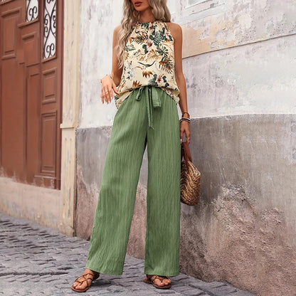 Women'S 2 Piece Outfits Summer Casual Sleeveless Halter Neck Crop Tops Wide Leg Pants Set