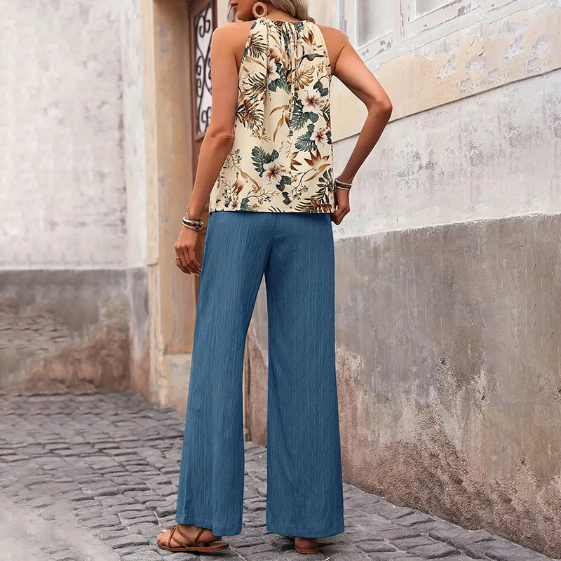 Women'S 2 Piece Outfits Summer Casual Sleeveless Halter Neck Crop Tops Wide Leg Pants Set
