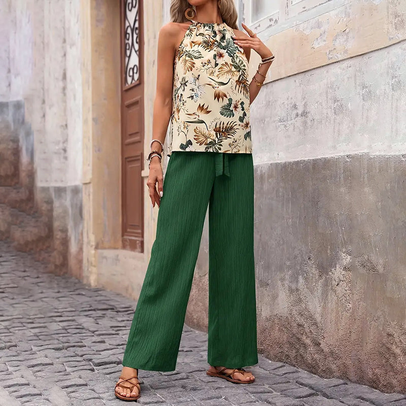 Women'S 2 Piece Outfits Summer Casual Sleeveless Halter Neck Crop Tops Wide Leg Pants Set