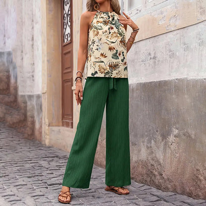Women'S 2 Piece Outfits Summer Casual Sleeveless Halter Neck Crop Tops Wide Leg Pants Set