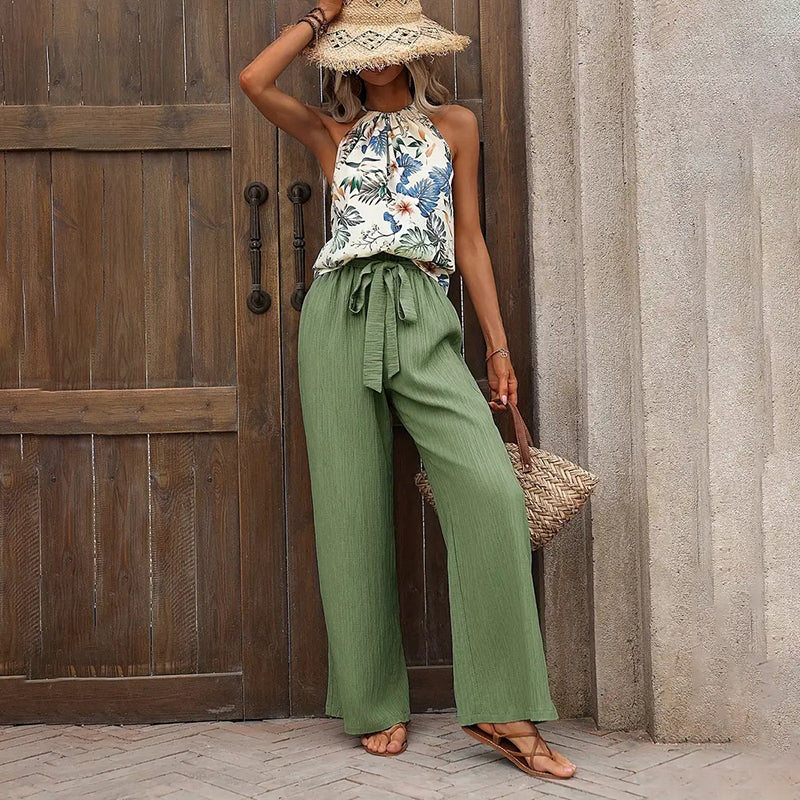Women'S 2 Piece Outfits Summer Casual Sleeveless Halter Neck Crop Tops Wide Leg Pants Set