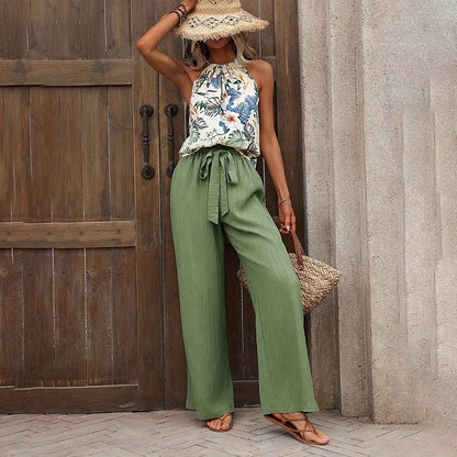 Women'S 2 Piece Outfits Summer Casual Sleeveless Halter Neck Crop Tops Wide Leg Pants Set