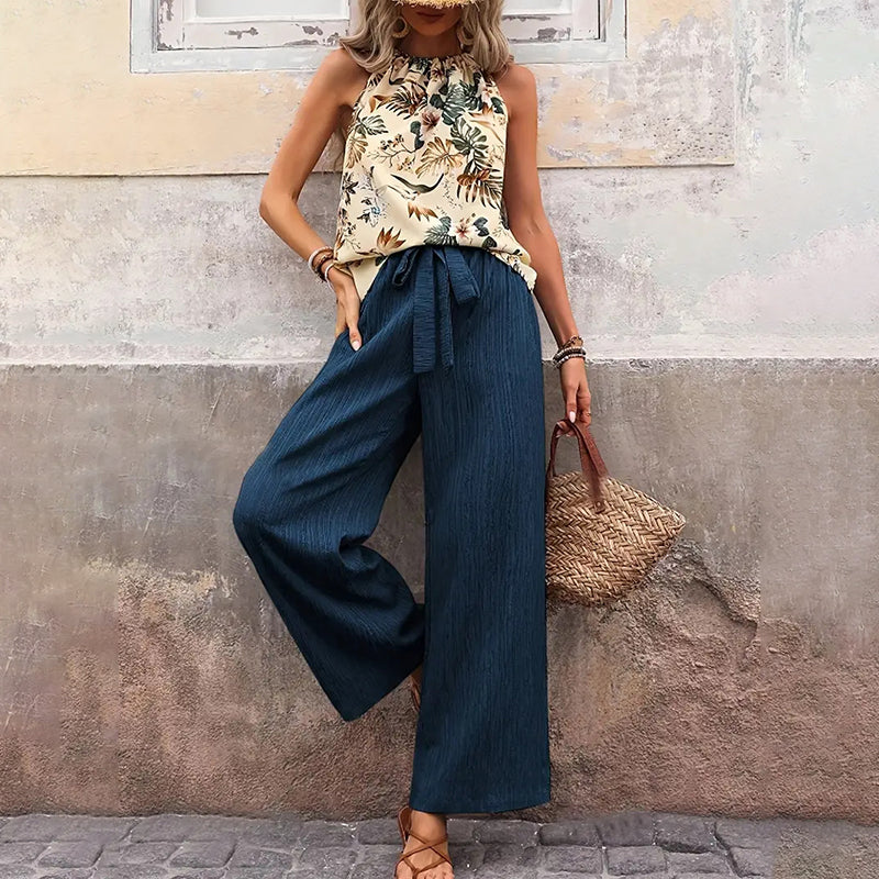 Women'S 2 Piece Outfits Summer Casual Sleeveless Halter Neck Crop Tops Wide Leg Pants Set