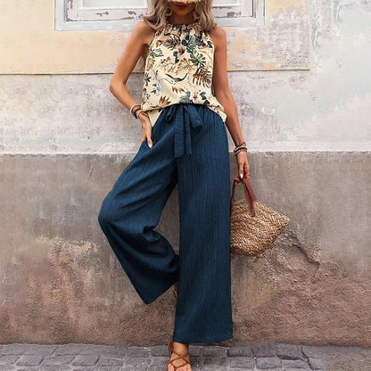 Women'S 2 Piece Outfits Summer Casual Sleeveless Halter Neck Crop Tops Wide Leg Pants Set