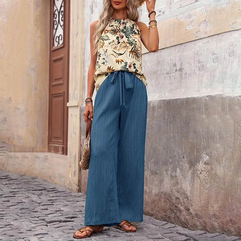 Women'S 2 Piece Outfits Summer Casual Sleeveless Halter Neck Crop Tops Wide Leg Pants Set