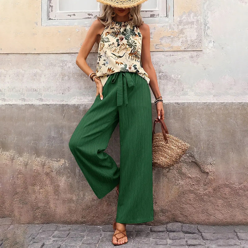 Women'S 2 Piece Outfits Summer Casual Sleeveless Halter Neck Crop Tops Wide Leg Pants Set