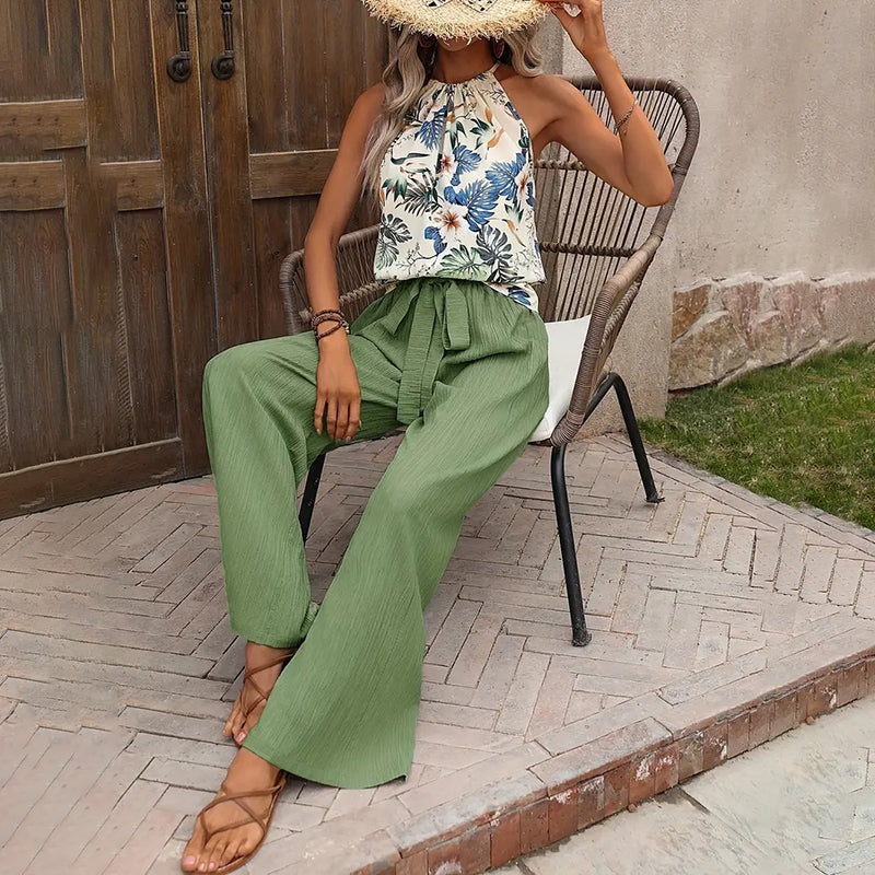 Women'S 2 Piece Outfits Summer Casual Sleeveless Halter Neck Crop Tops Wide Leg Pants Set