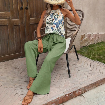 Women'S 2 Piece Outfits Summer Casual Sleeveless Halter Neck Crop Tops Wide Leg Pants Set
