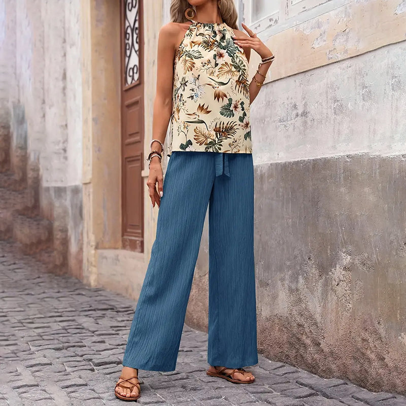 Women'S 2 Piece Outfits Summer Casual Sleeveless Halter Neck Crop Tops Wide Leg Pants Set