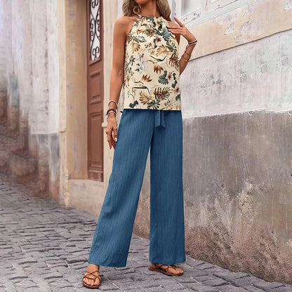Women'S 2 Piece Outfits Summer Casual Sleeveless Halter Neck Crop Tops Wide Leg Pants Set
