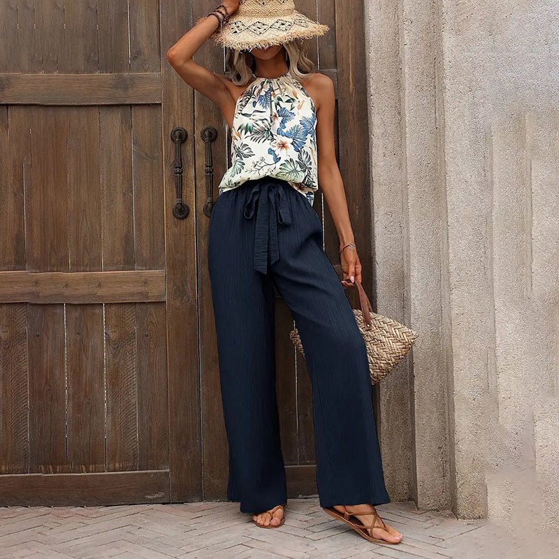 Women'S 2 Piece Outfits Summer Casual Sleeveless Halter Neck Crop Tops Wide Leg Pants Set